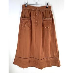 Vintage Michel Skirt Prairie Boho Hippie Embroidered Brown Lace Pockets Cotton L